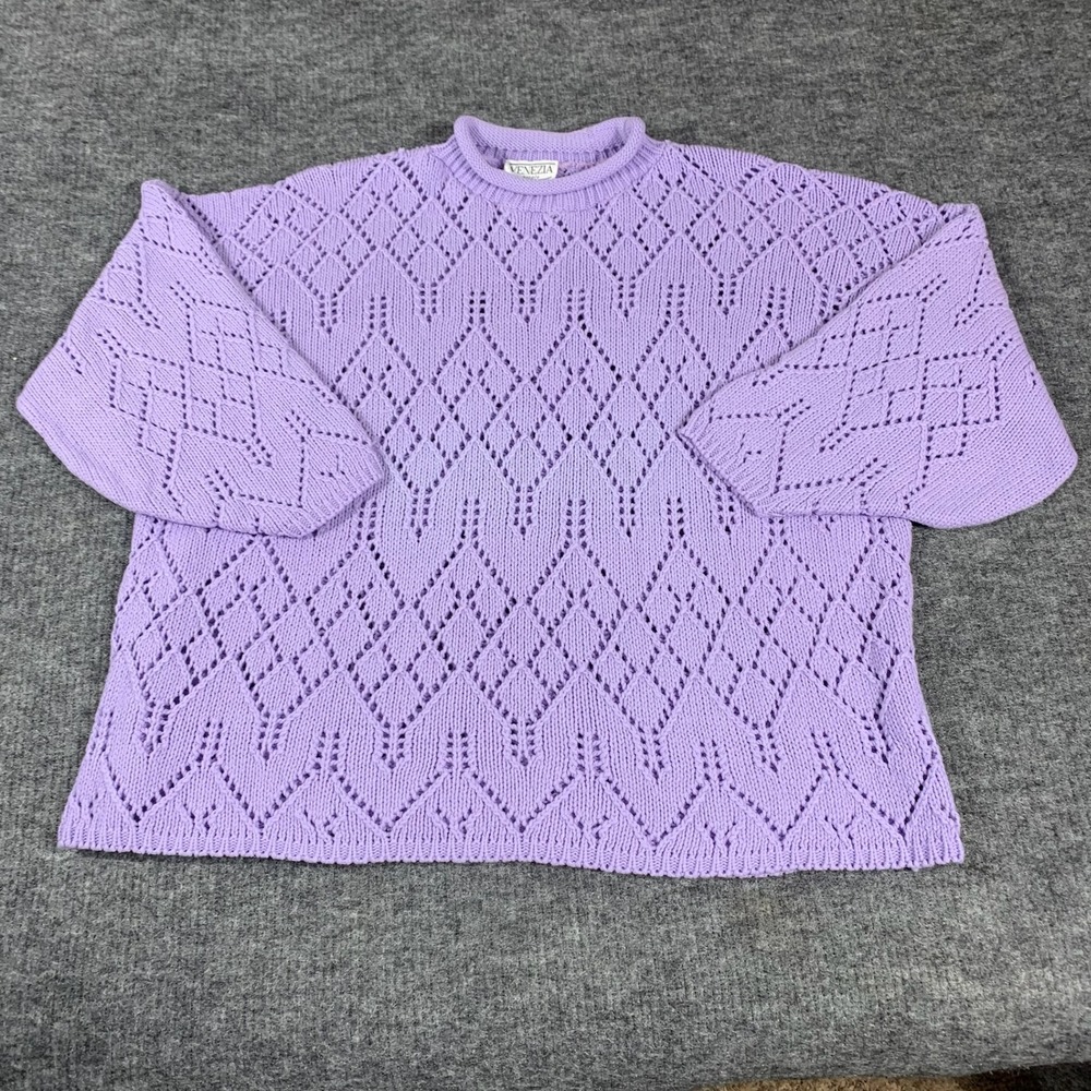 Vintage Venezia Sweater Womens 2X Purple Pointelle Knit Diamond Mock Neck 90s